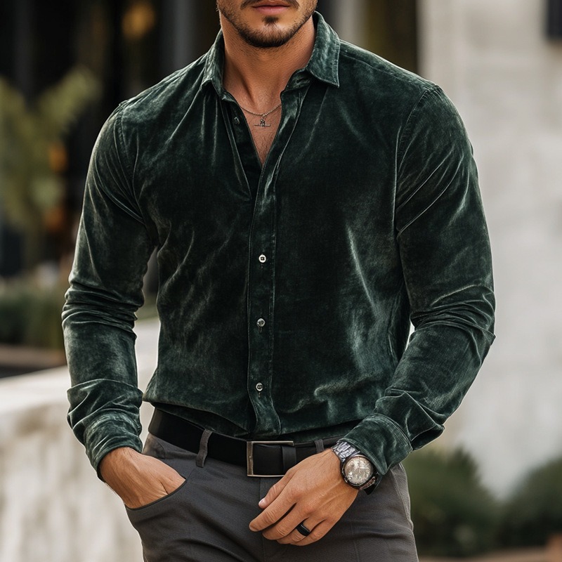 Ejecutivo Turndown cuello de manga larga Button Velvecamiseta para hombre