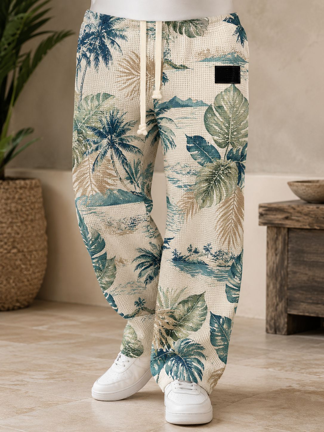para hombre All-Over Print Waffle tejido pantalón | High-Waisted Drawstring Relaxed Fit Trousers