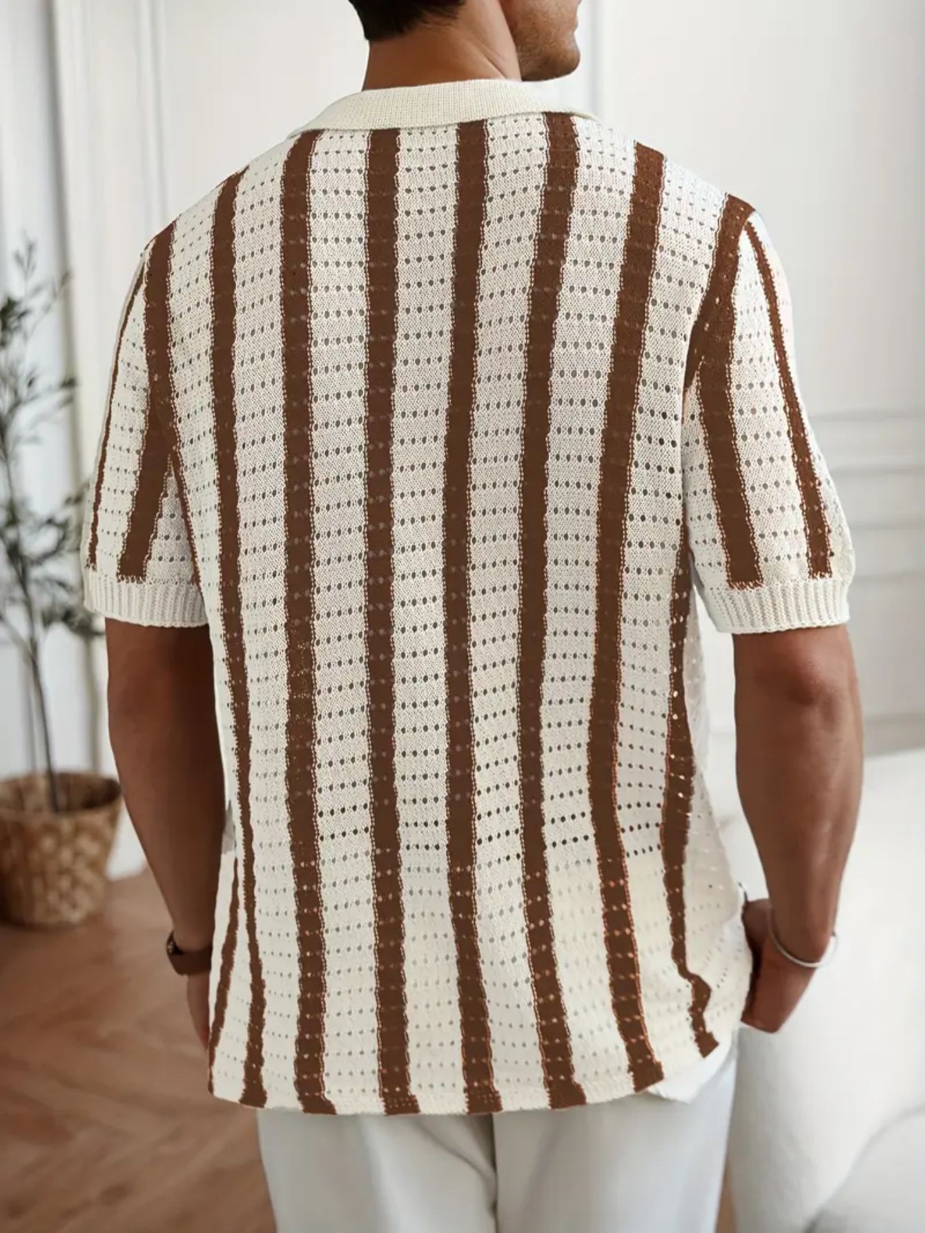Camisa Openpara trabajo Vertical rayas tejido Polo Cardigan de manga corta para hombre