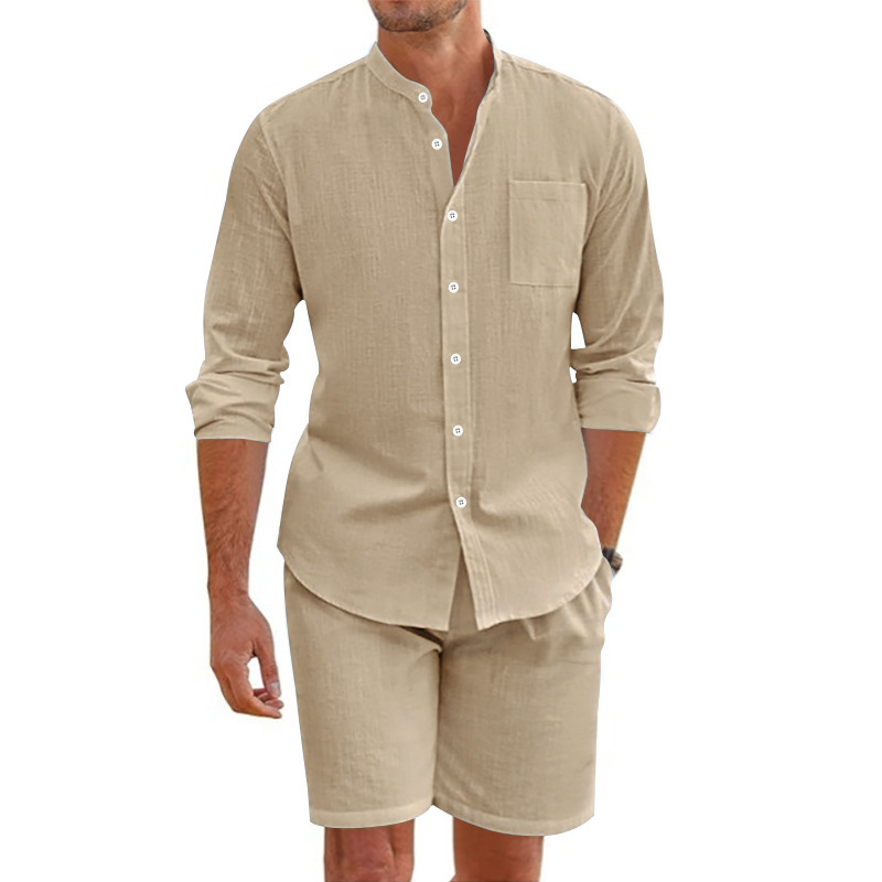 para hombre de lino de manga larga camisa & shorts Set