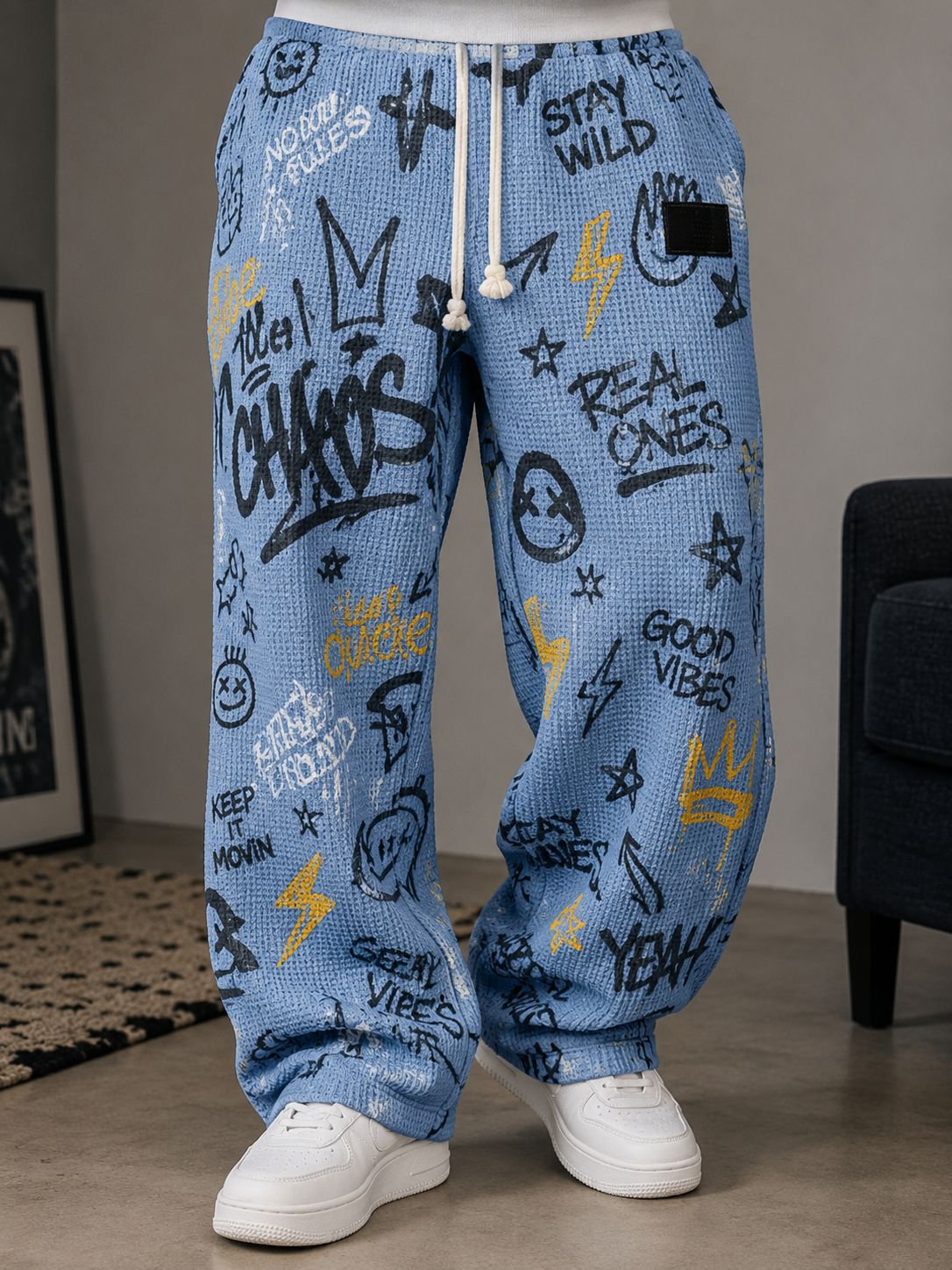 para hombre All-Over Print Waffle tejido pantalón | High-Waisted Drawstring Relaxed Fit Trousers
