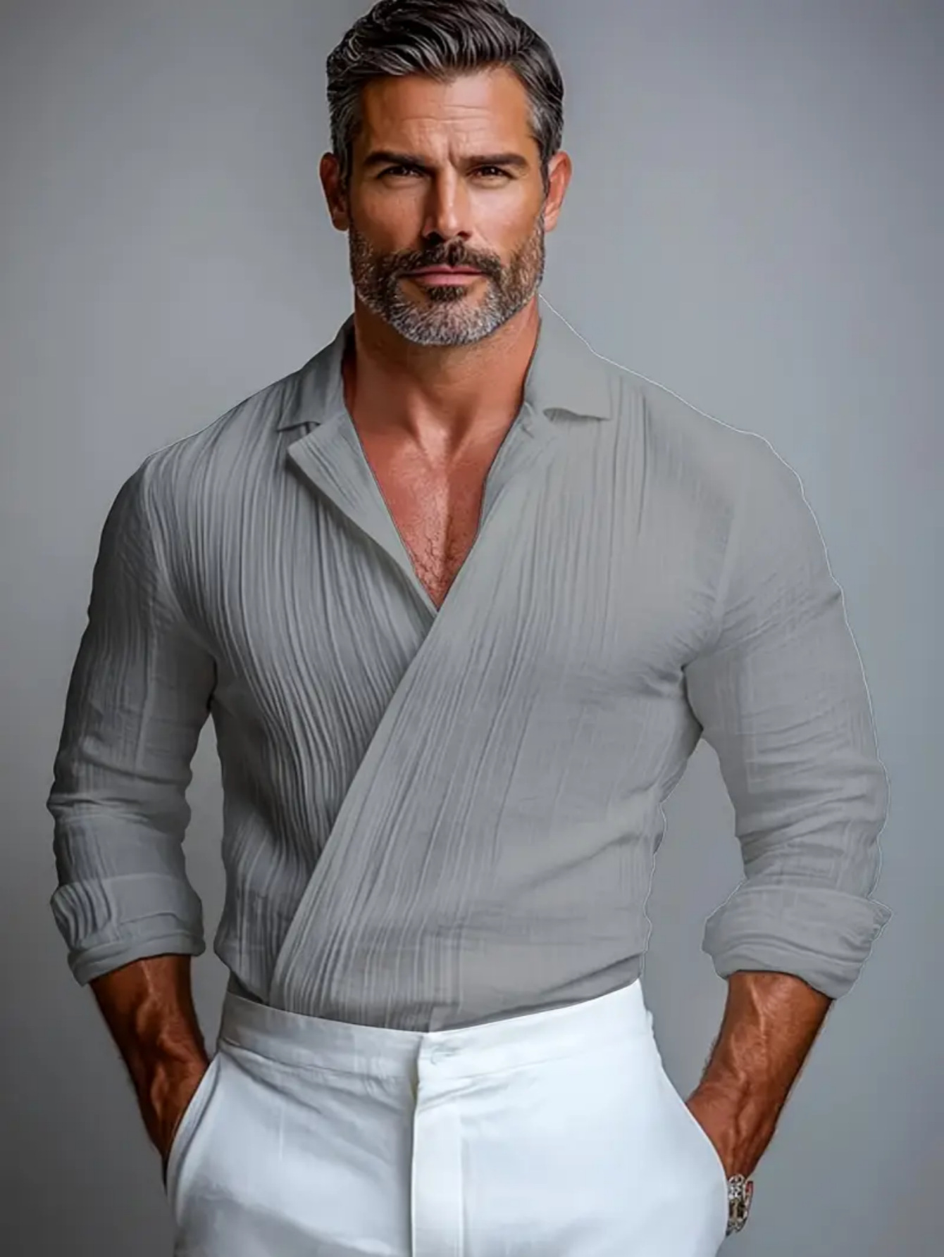 Camisa Textured Crossover V-Neck de manga larga Pullover para hombre