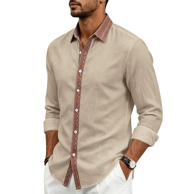para hombre de lino camisa de manga larga | Contrast Placket Collared camisa