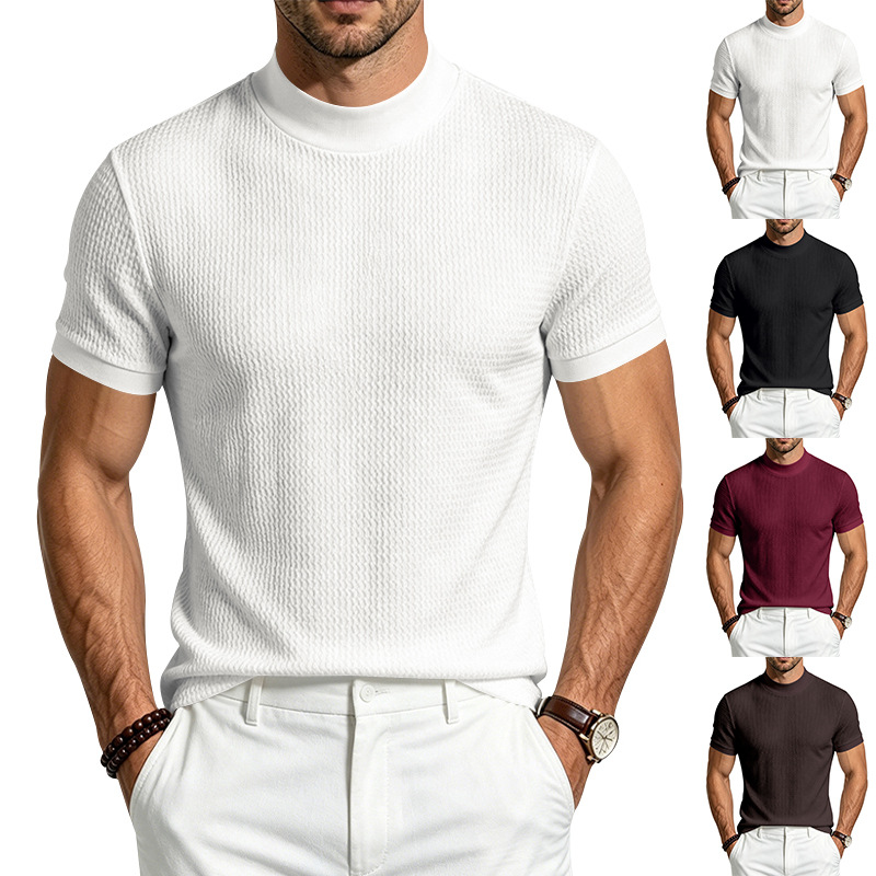para hombre Solid Jacquard Mock Neck camisa | de corte entallado Minimalist de manga corta Top
