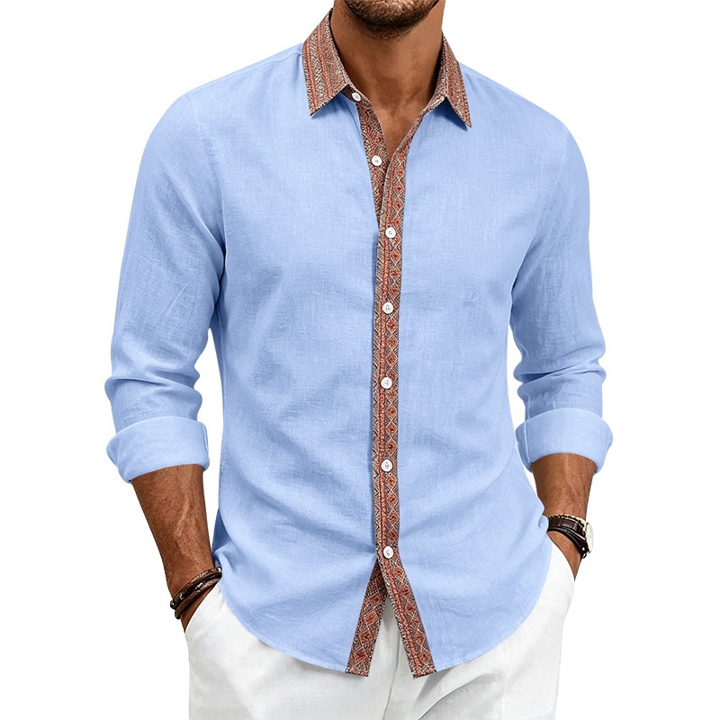 para hombre de lino camisa de manga larga | Contrast Placket Collared camisa