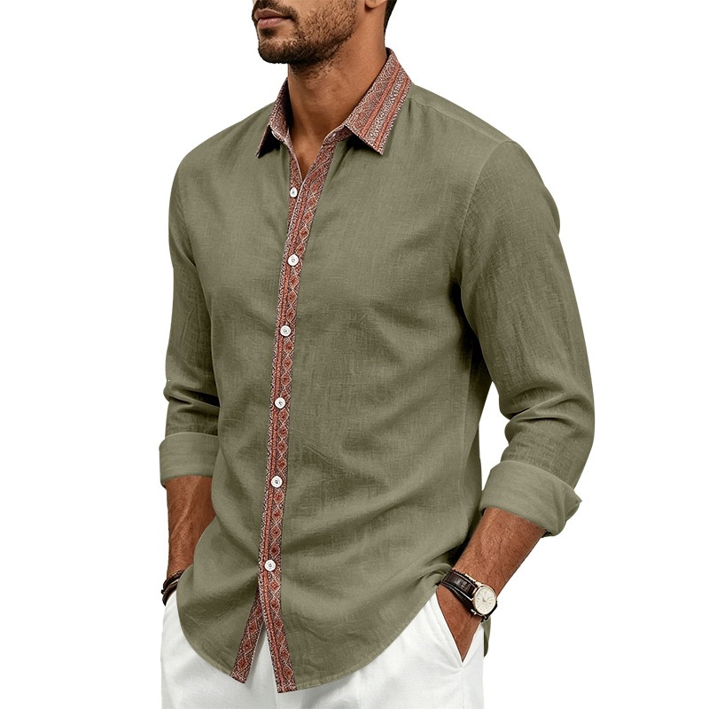 para hombre de lino camisa de manga larga | Contrast Placket Collared camisa