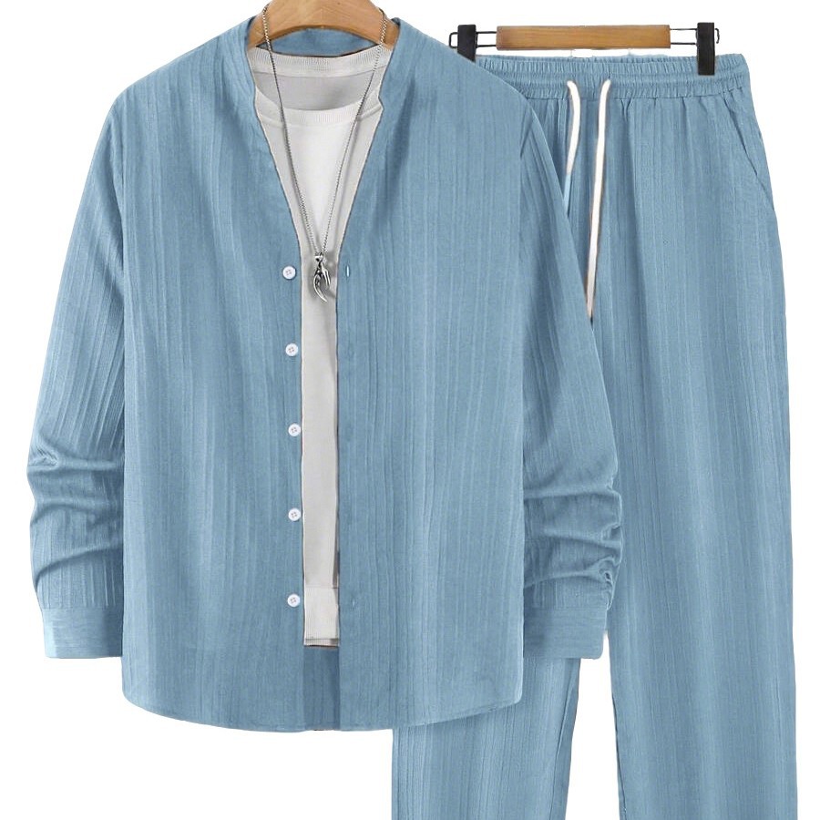Solid-color, collarless, de manga largad camisa and trousers conjunto de dos piezas