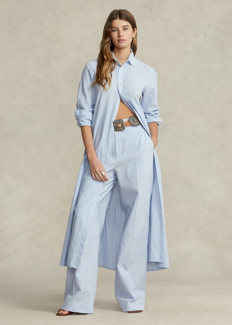 Pantalones A Rayas Linen-Algodon Anchos-Leg Mujer Blancos | SHIR01246 - vista 1