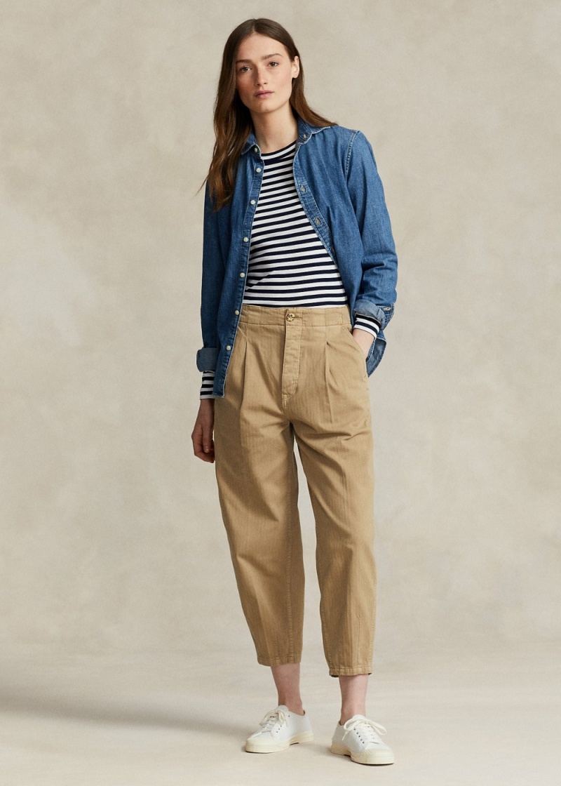 Pantalones Algodon Herringbone Curved Tapered Pant Mujer Marrom | BGWT73065 - vista 1