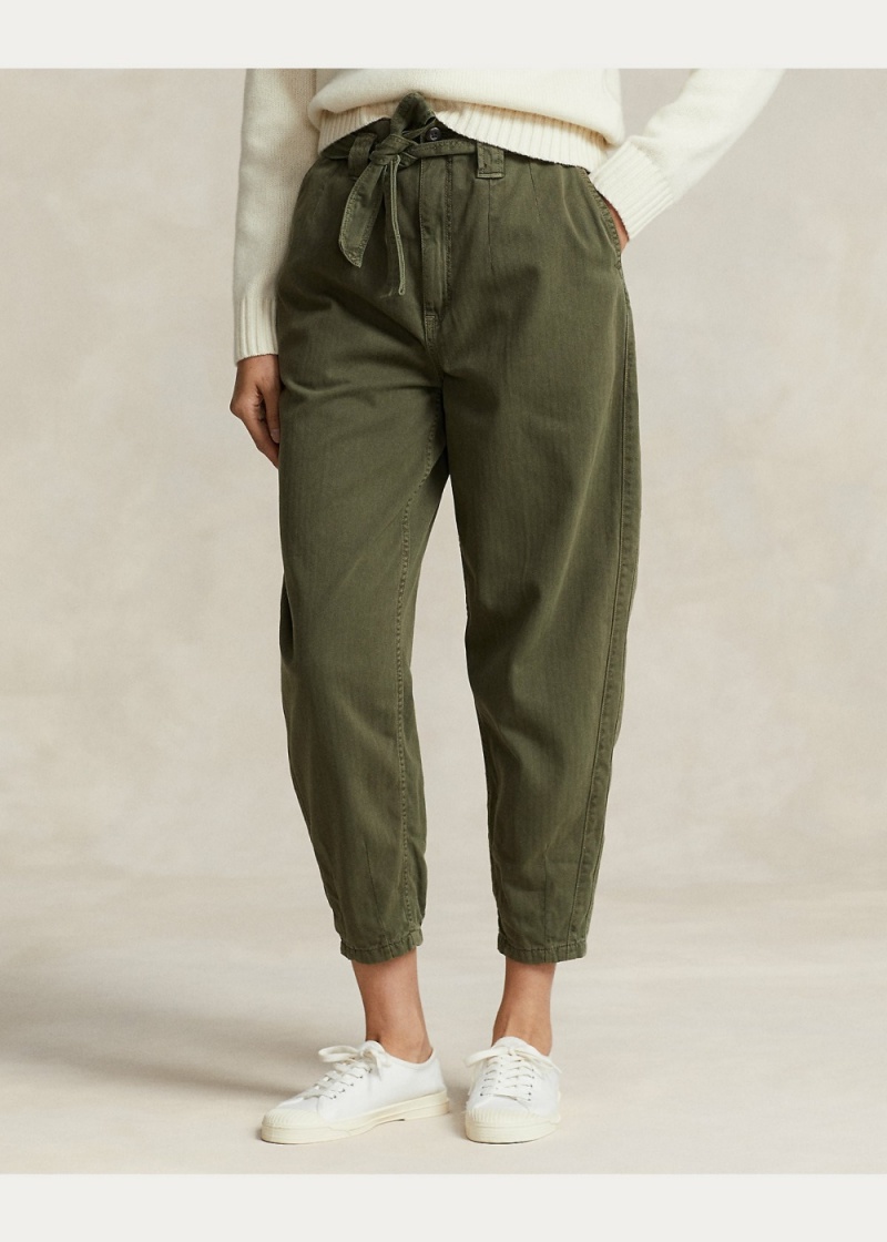 Pantalones Belted Algodon Herringbone Tapered Pant Mujer Verde Oliva | TNAR47196 - vista 3