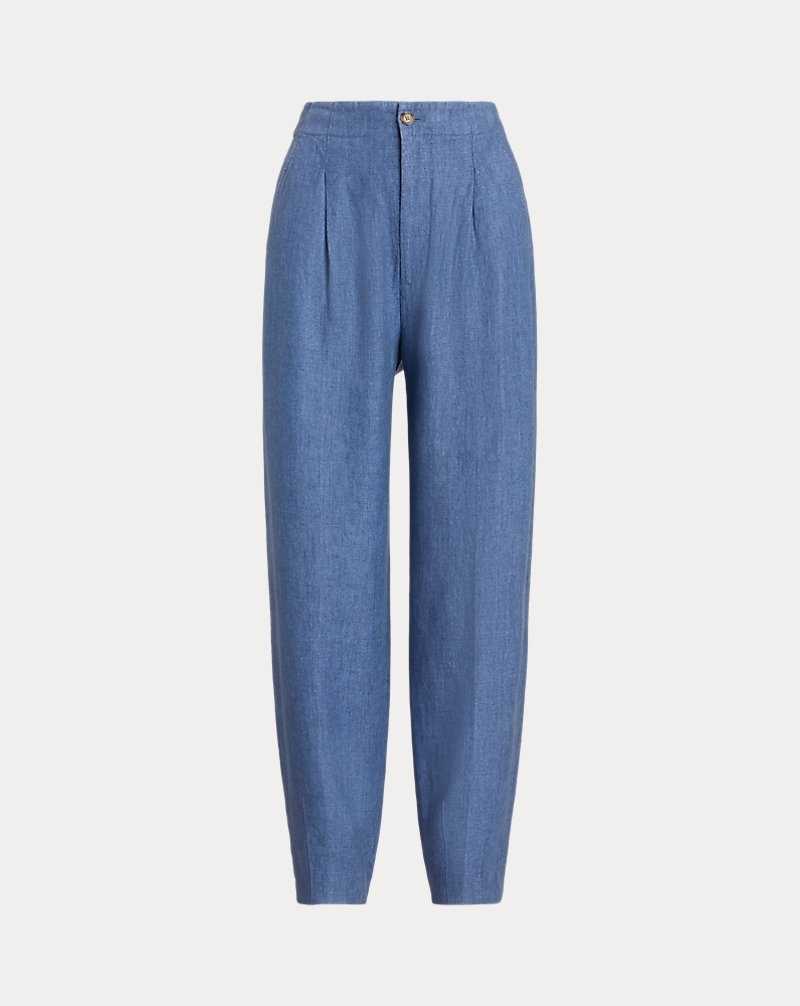 Pantalones Ralph Lauren Curved Tapered Linen Mujer Azul Marino Claro | QTVAHSM-95 - vista 2