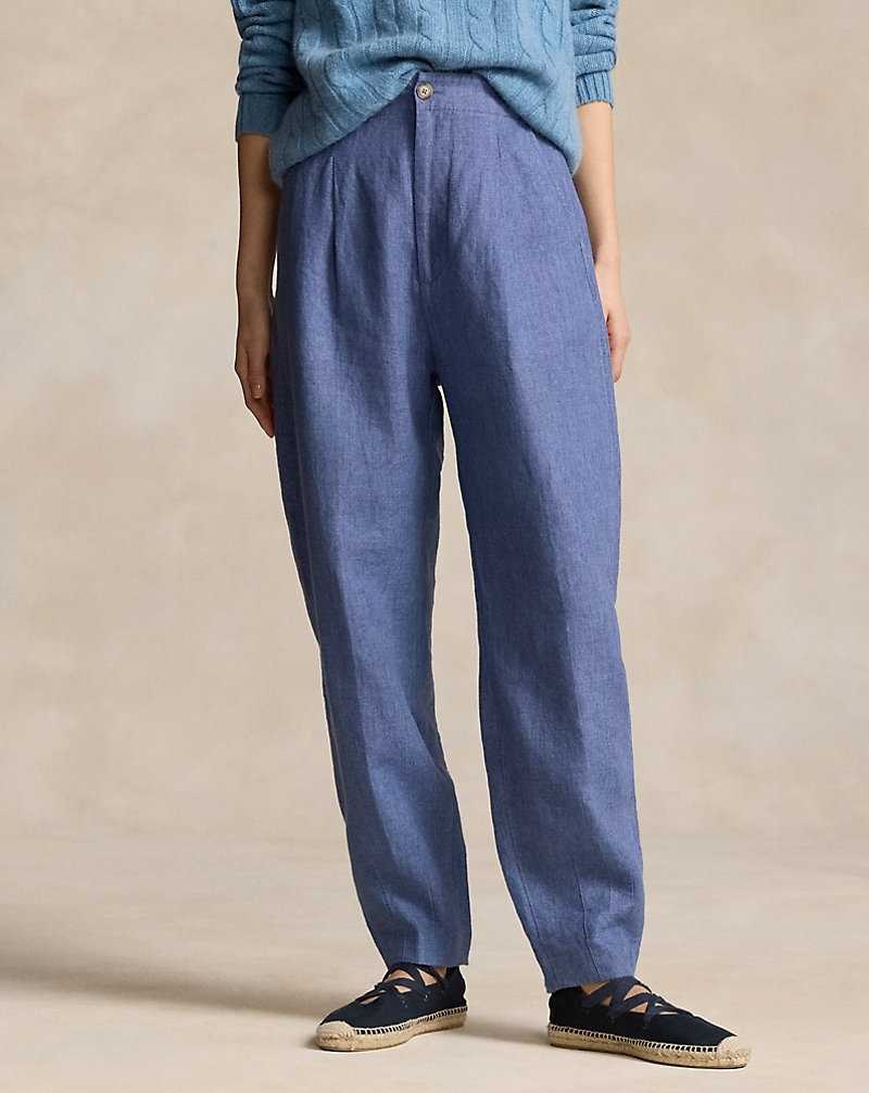 Pantalones Ralph Lauren Curved Tapered Linen Mujer Azul Marino Claro | QTVAHSM-95 - vista 3