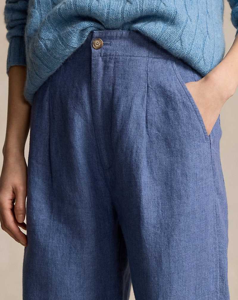 Pantalones Ralph Lauren Curved Tapered Linen Mujer Azul Marino Claro | QTVAHSM-95 - vista 5