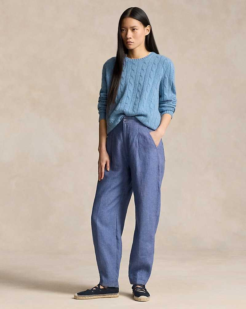 Pantalones Ralph Lauren Curved Tapered Linen Mujer Azul Marino Claro | QTVAHSM-95 - vista 1