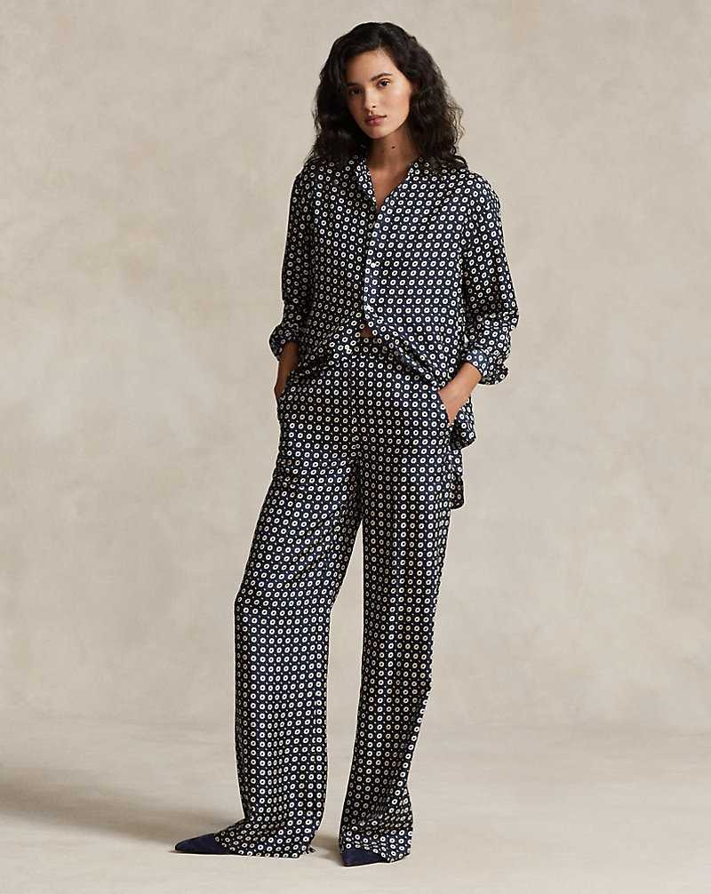 Pantalones Ralph Lauren Geo-Motif Silk Wide-Leg Mujer 1574 Navy/Cream Geo Print | VLZAYWO-93 - vista 1