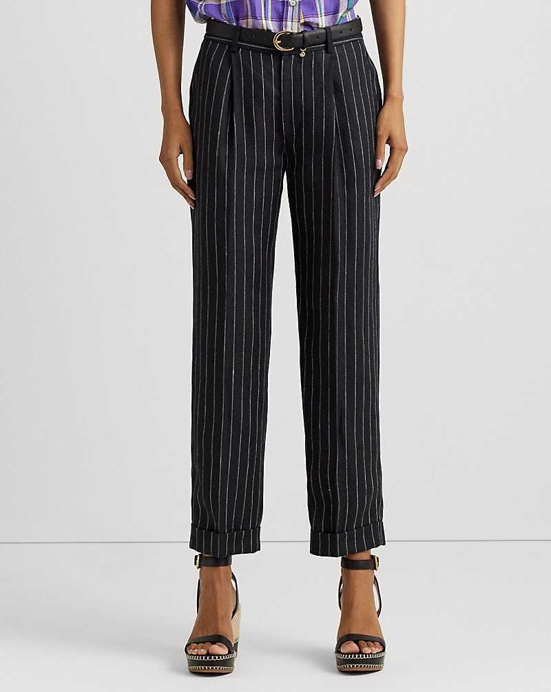 Pantalones Ralph Lauren Pinstripe Pleated Linen Cropped Mujer Black/Cream | PJXGZHI-56 - vista 3