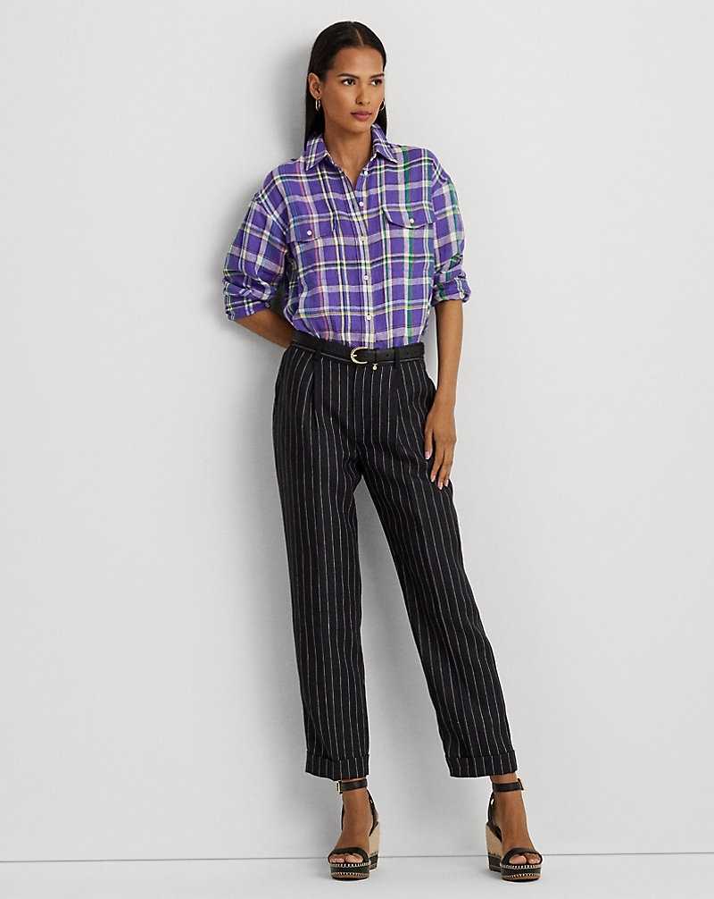 Pantalones Ralph Lauren Pinstripe Pleated Linen Cropped Mujer Black/Cream | PJXGZHI-56 - vista 1