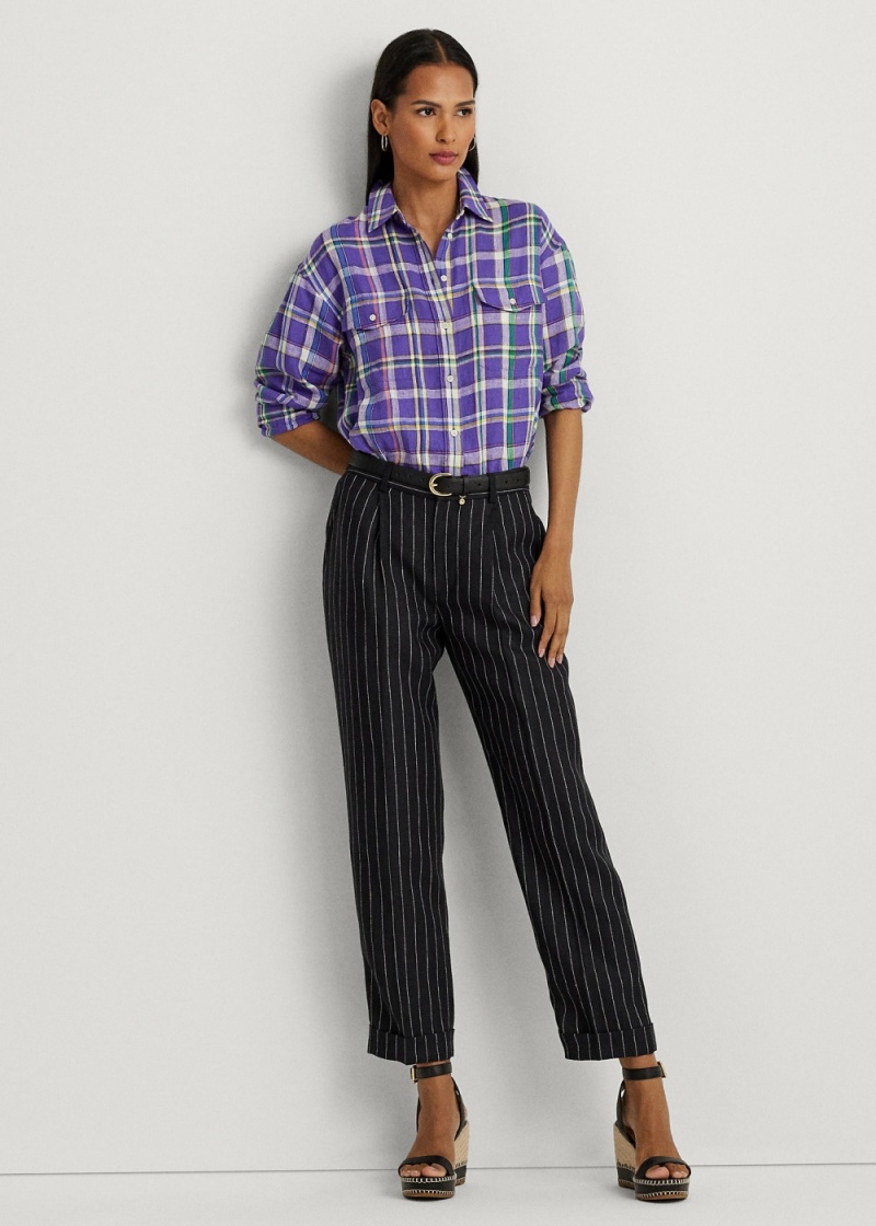 Pantalones Pinstripe Plisado Linen Cropped Pant Mujer Creme | AIYS39581 - vista 1