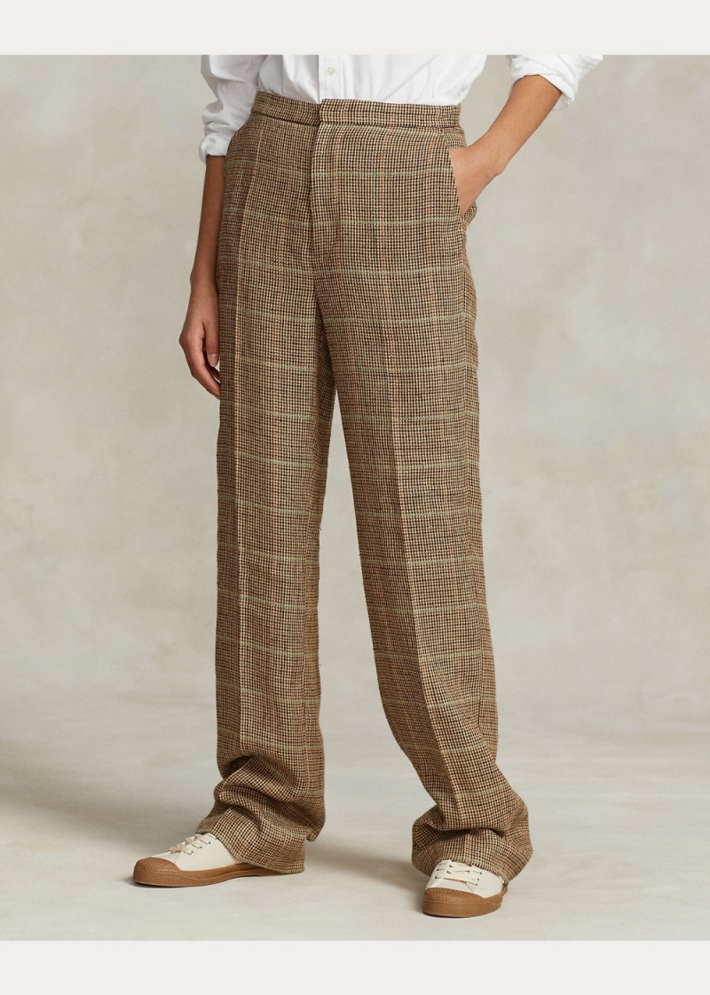 Pantalones Plaid Linen-Silk Directo-Leg Pant Mujer Marrom | XMNE92630 - vista 3