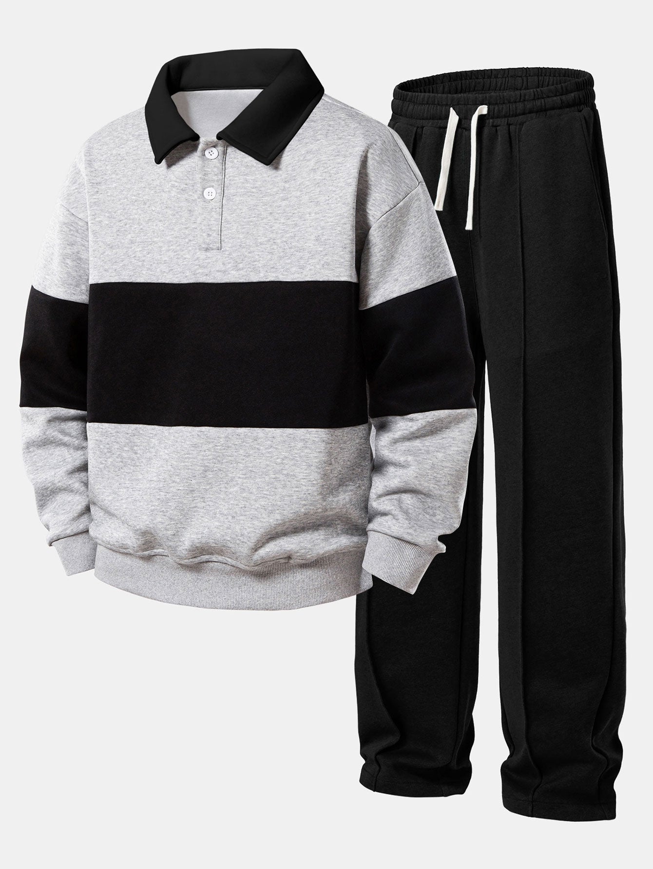 Sudadera Relax Fit en bloques de color Polo Collar & Straight Leg Pleated Pintuck Sweatpantalón