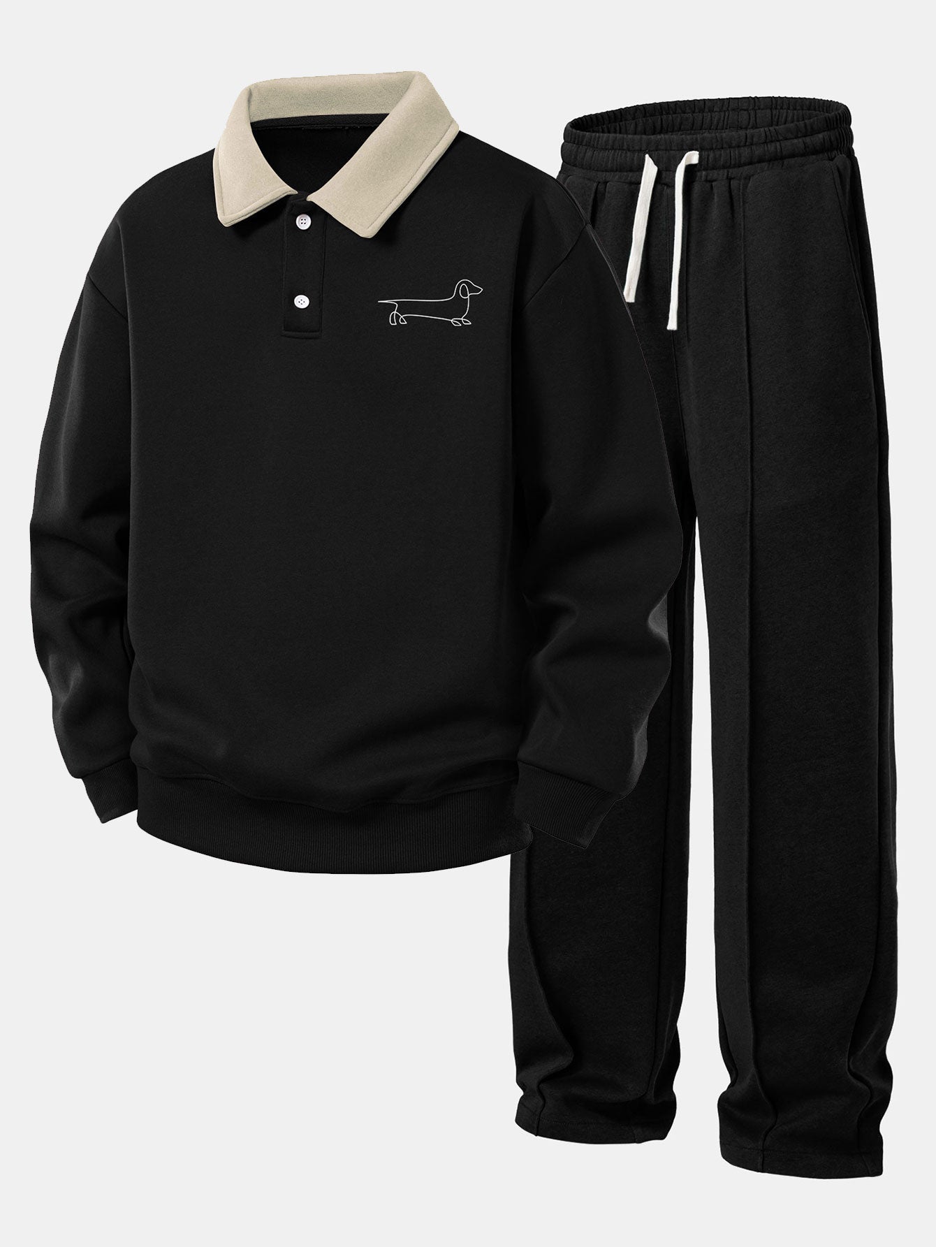 Sudadera Relax Fit Line Dachshund estampado Contrast Polo & Straight Leg Pleated Pintuck Sweatpantalón