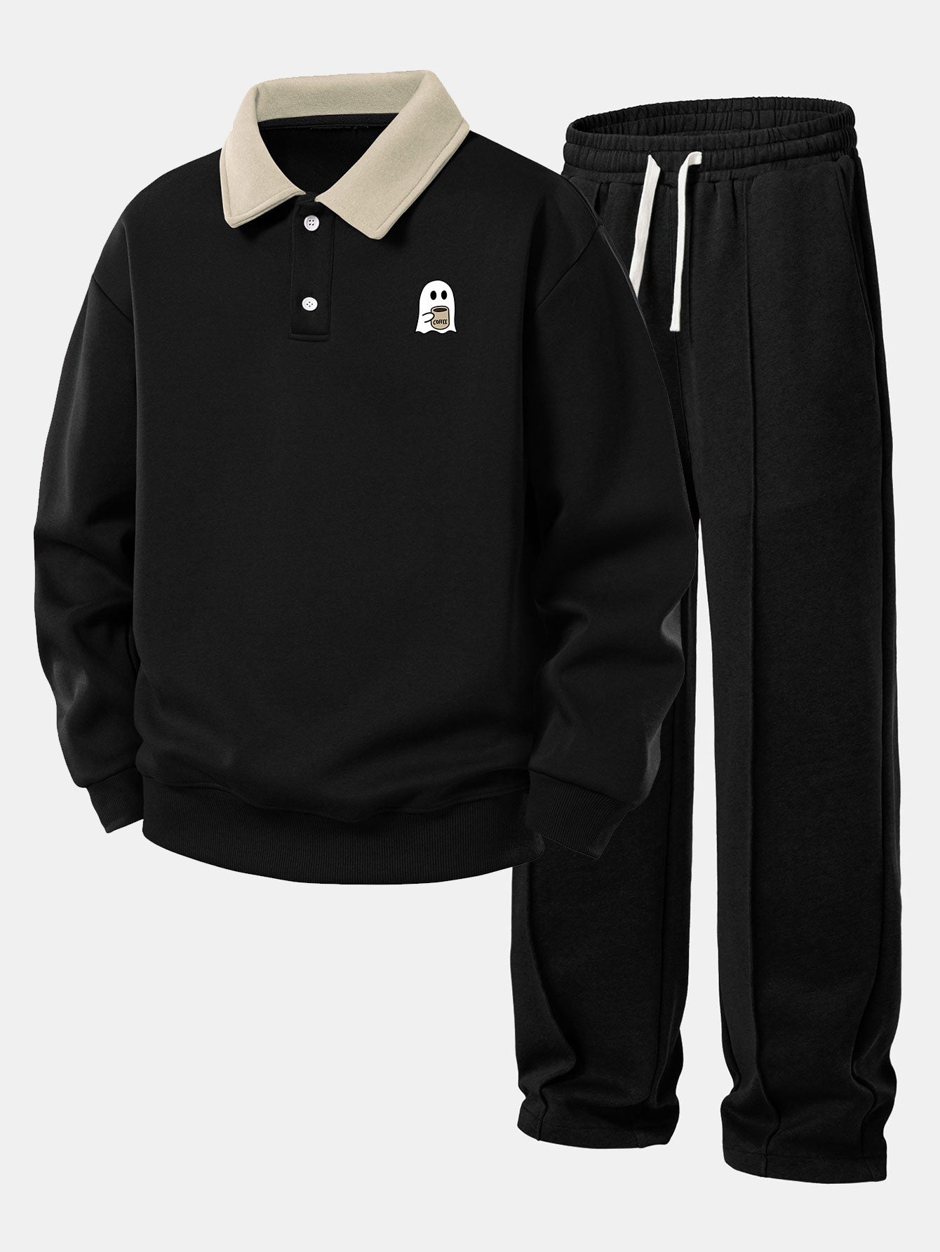 Sudadera Relax Fit Ghost Drinking Coffee estampado Contrast Polo & Straight Leg Pleated Pintuck Sweatpantalón