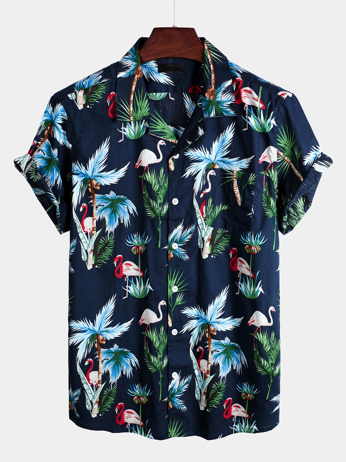 Camisa Flamingo estampado de algodón Hawaiian de manga corta para hombre