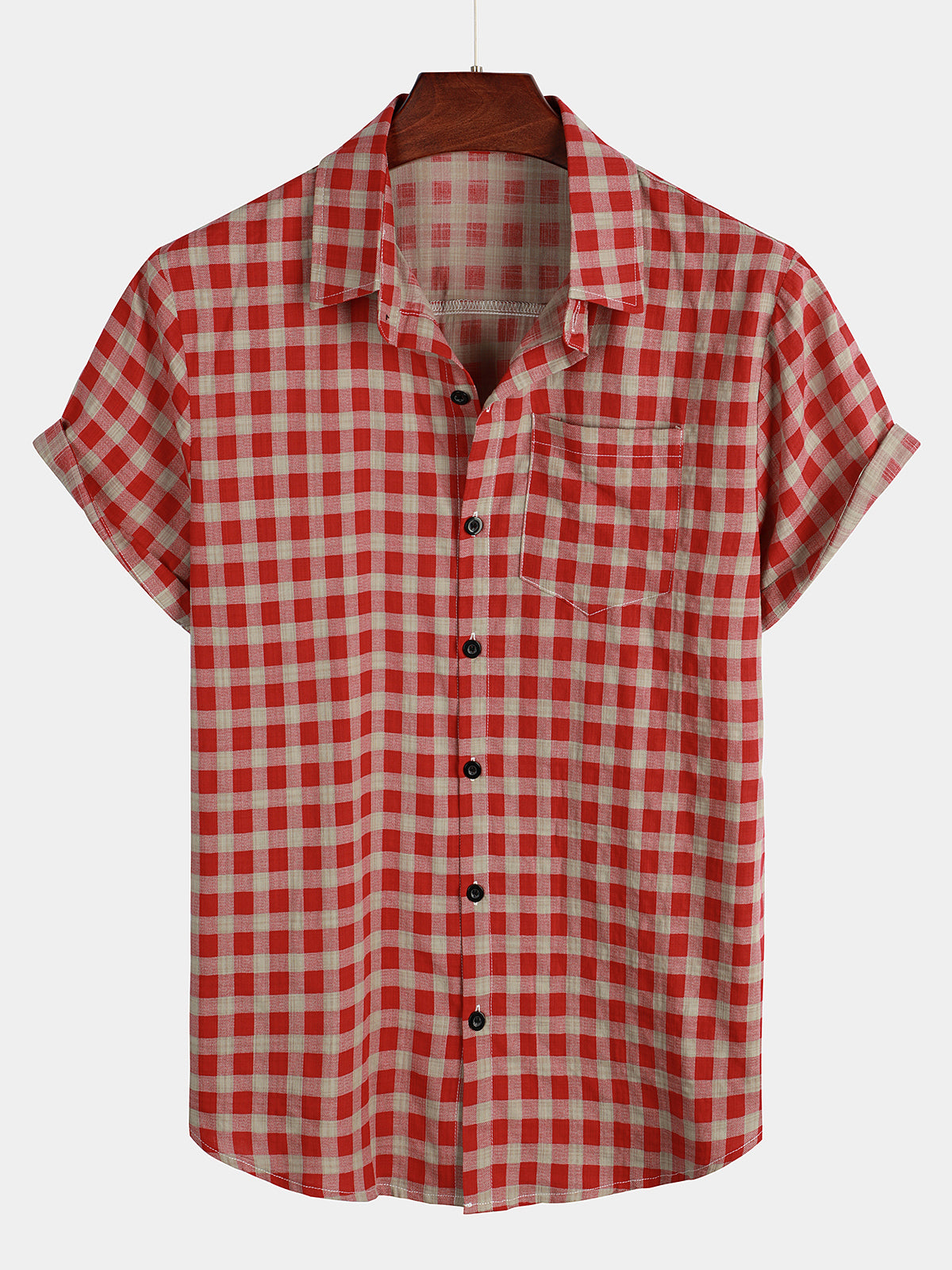 Camisa Red Check estampado a cuadros Pocket Button Up de manga corta para hombre