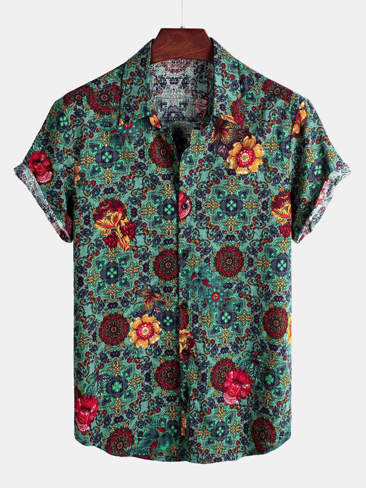 Camisa vintage Flower estampado de algodón de manga corta para hombre