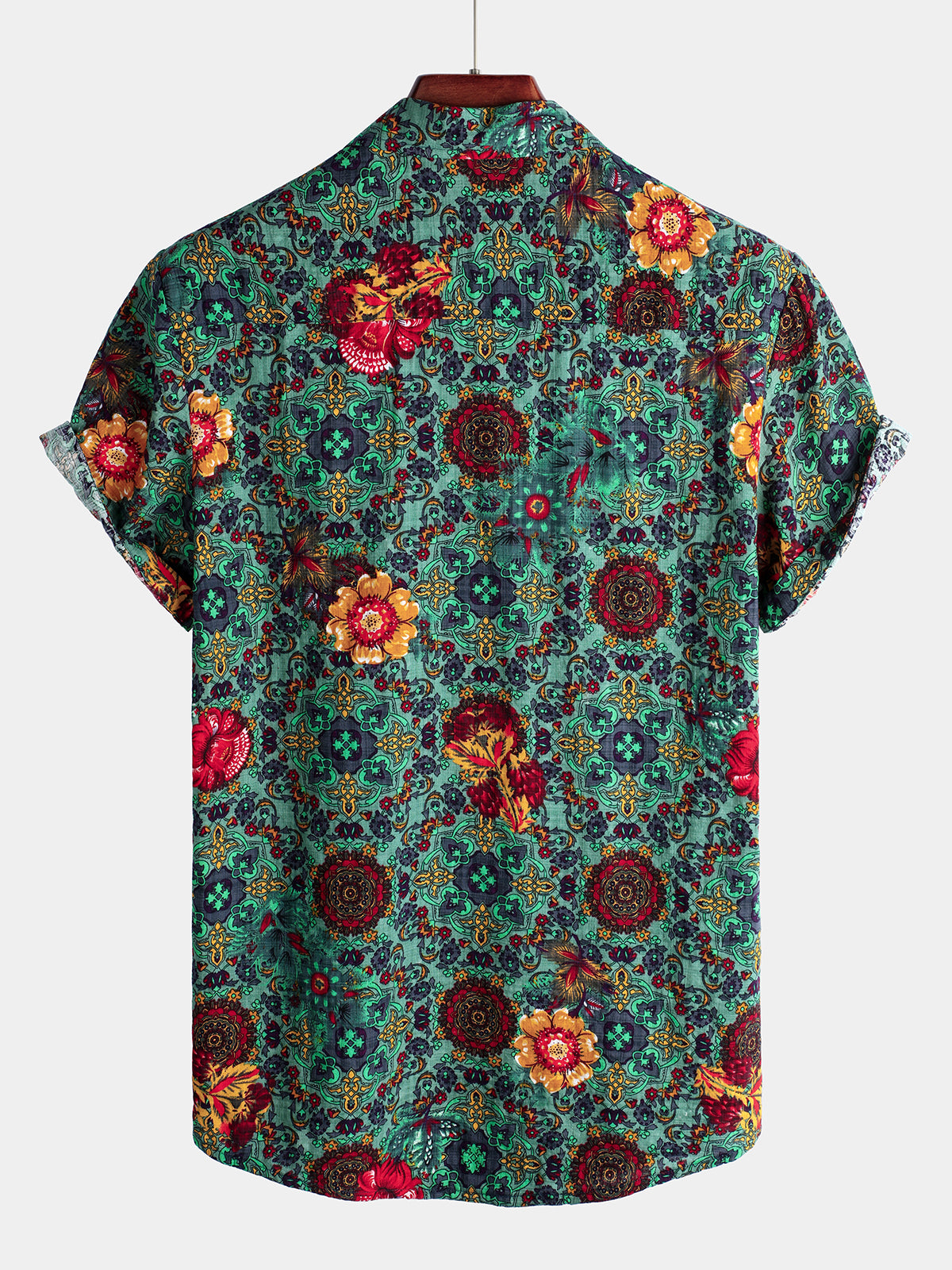 Camisa vintage Flower estampado de algodón de manga corta para hombre