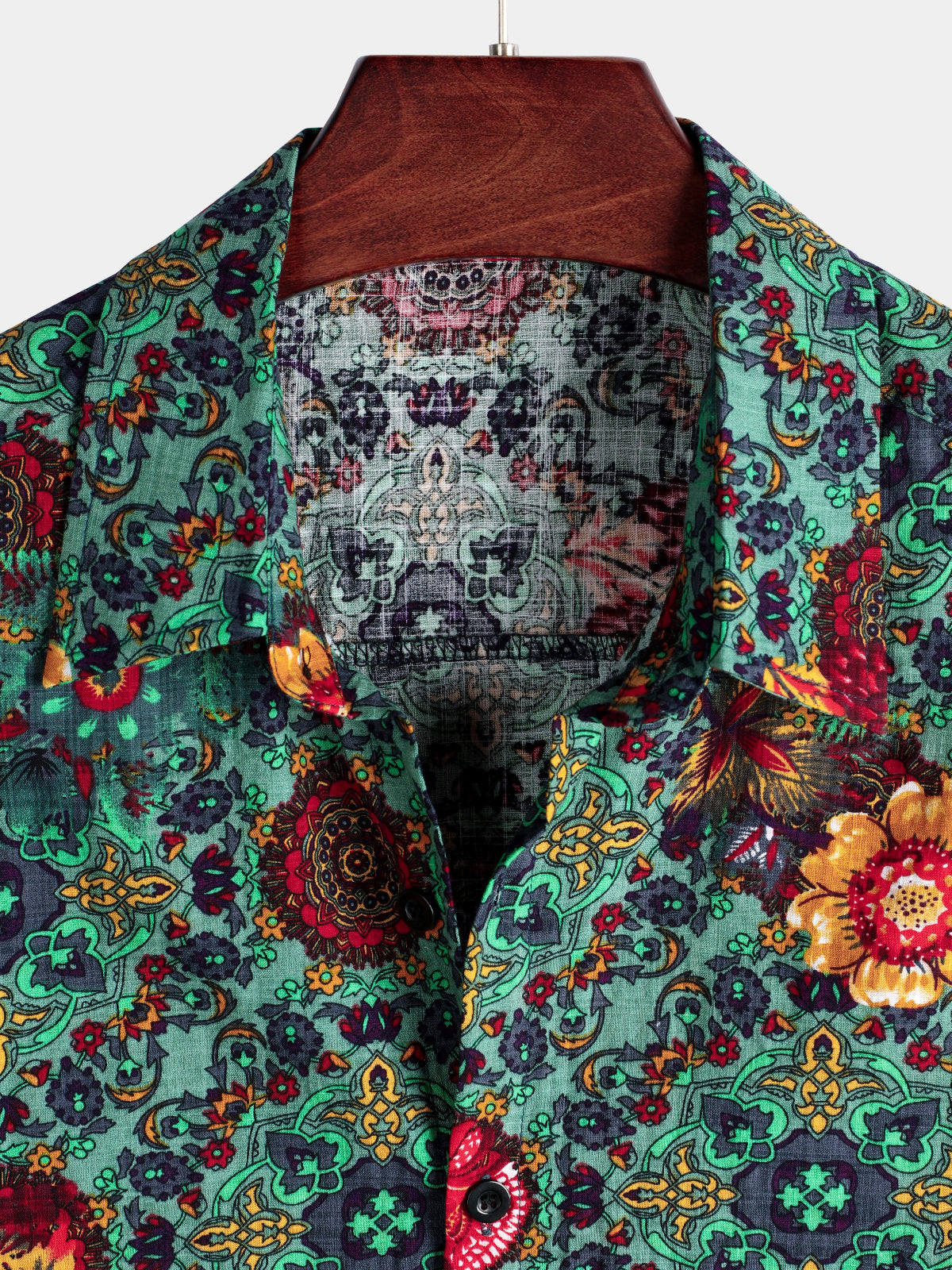 Camisa vintage Flower estampado de algodón de manga corta para hombre