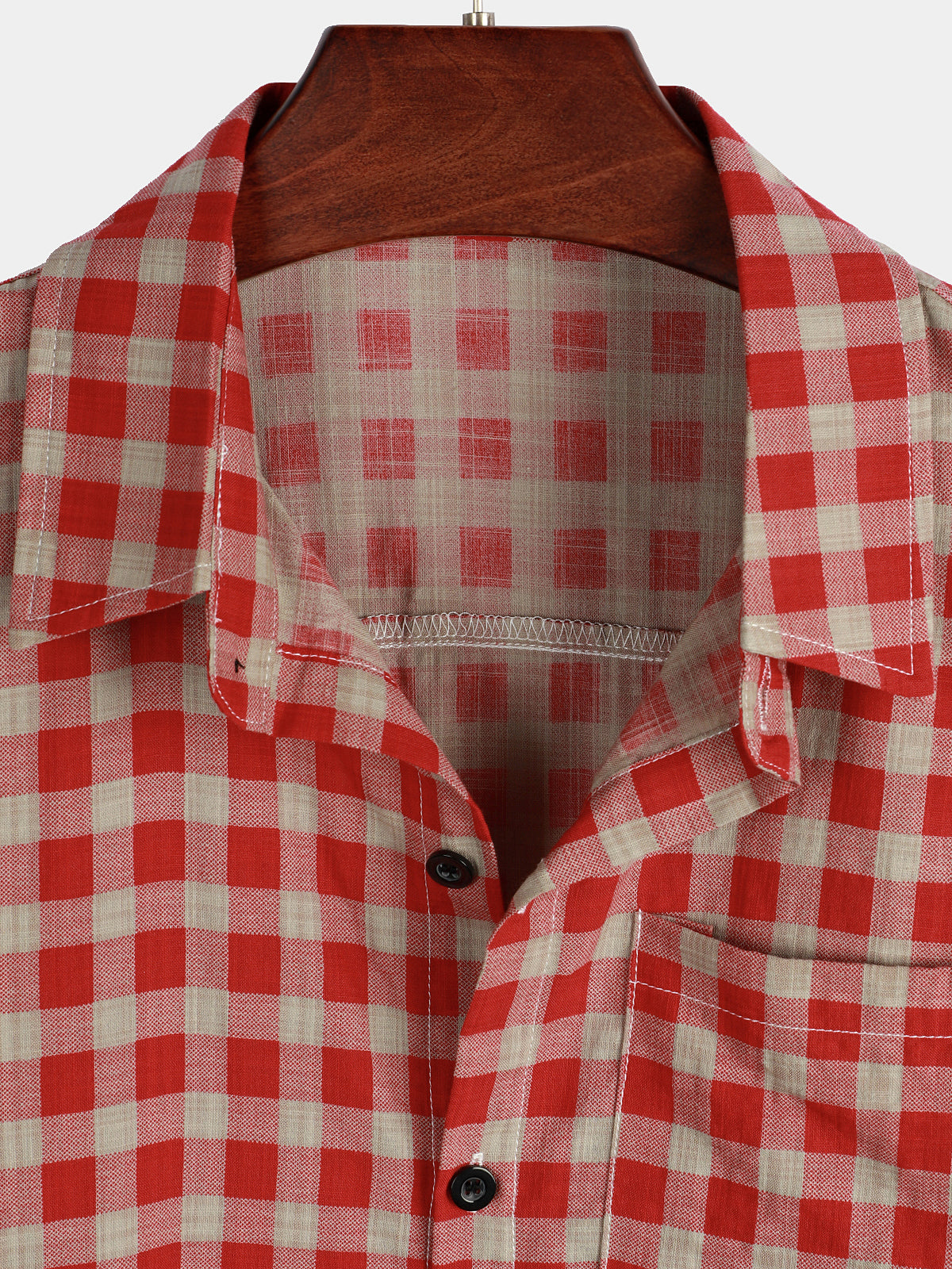 Camisa Red Check estampado a cuadros Pocket Button Up de manga corta para hombre