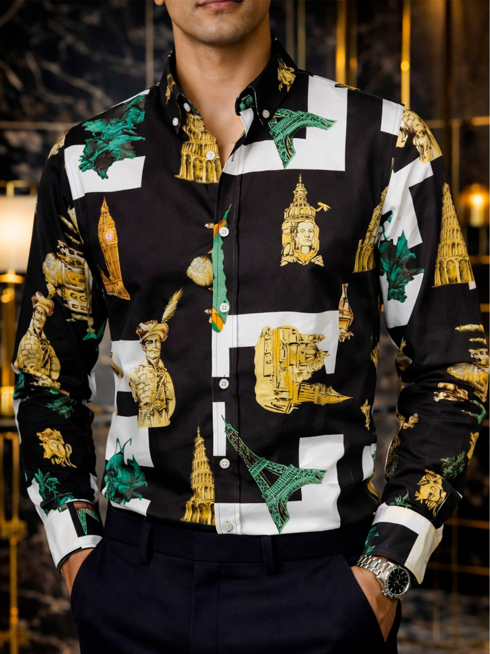 Camisa Black casual man & white statue David tower Eiffel
