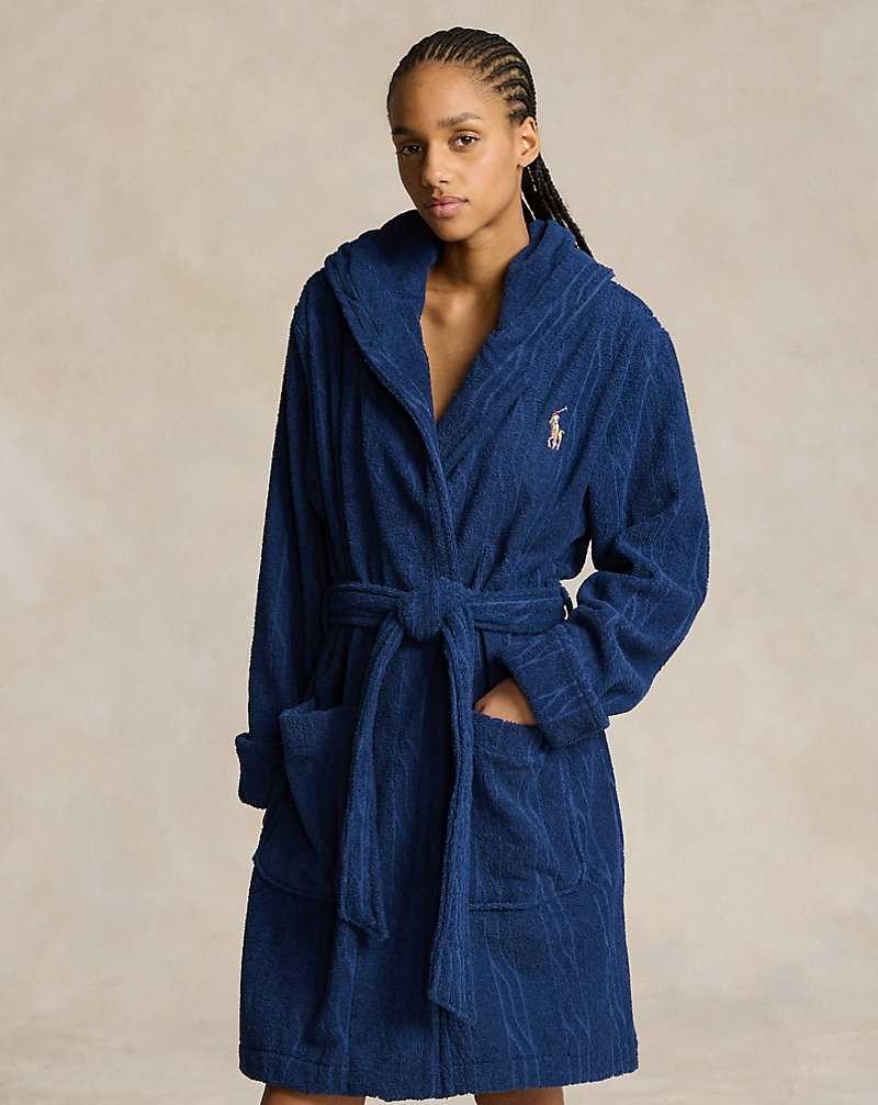 Ropa De Dormir Ralph Lauren Cable Cotton Terry Hooded Robe Mujer Azul Marino | WIHRKAO-36 - vista 3