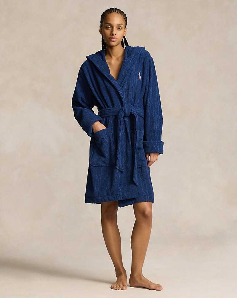 Ropa De Dormir Ralph Lauren Cable Cotton Terry Hooded Robe Mujer Azul Marino | WIHRKAO-36 - vista 1