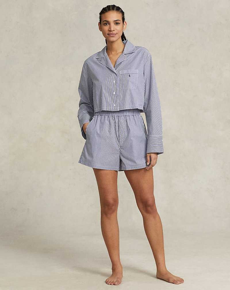 Ropa De Dormir Ralph Lauren Crop Top Boxer Poplin Pyjama Set Mujer Azul Marino Rayas | VPECWIU-29 - vista 3