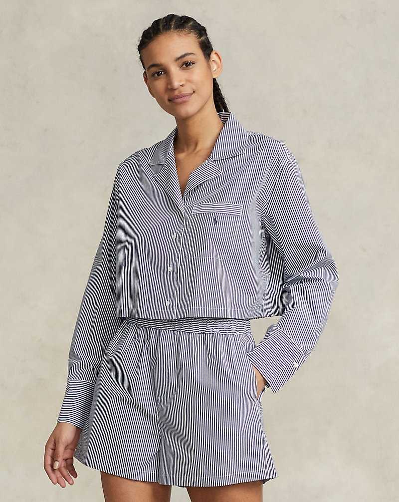 Ropa De Dormir Ralph Lauren Crop Top Boxer Poplin Pyjama Set Mujer Azul Marino Rayas | VPECWIU-29 - vista 1