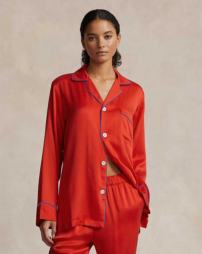 Ropa De Dormir Ralph Lauren Stretch Silk Long-Sleeve Pyjama Set Mujer Rojos | CKTEGWY-94 - vista 3