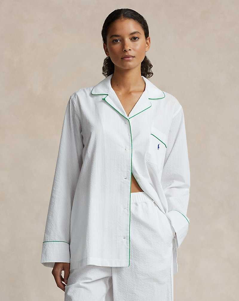Ropa De Dormir Ralph Lauren Striped Seersucker Long-Sleeve PJ Set Mujer Blancos | TYJEXOP-42 - vista 3