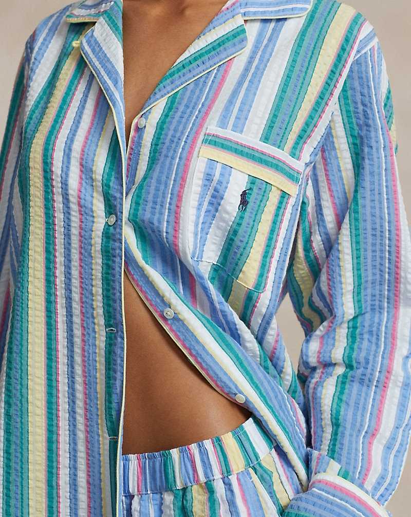 Ropa De Dormir Ralph Lauren Striped Seersucker Long-Sleeve PJ Set Mujer Multicolour | AUJKYDE-75 - vista 5