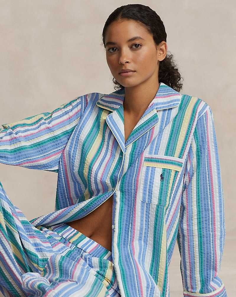 Ropa De Dormir Ralph Lauren Striped Seersucker Long-Sleeve PJ Set Mujer Multicolour | AUJKYDE-75 - vista 1