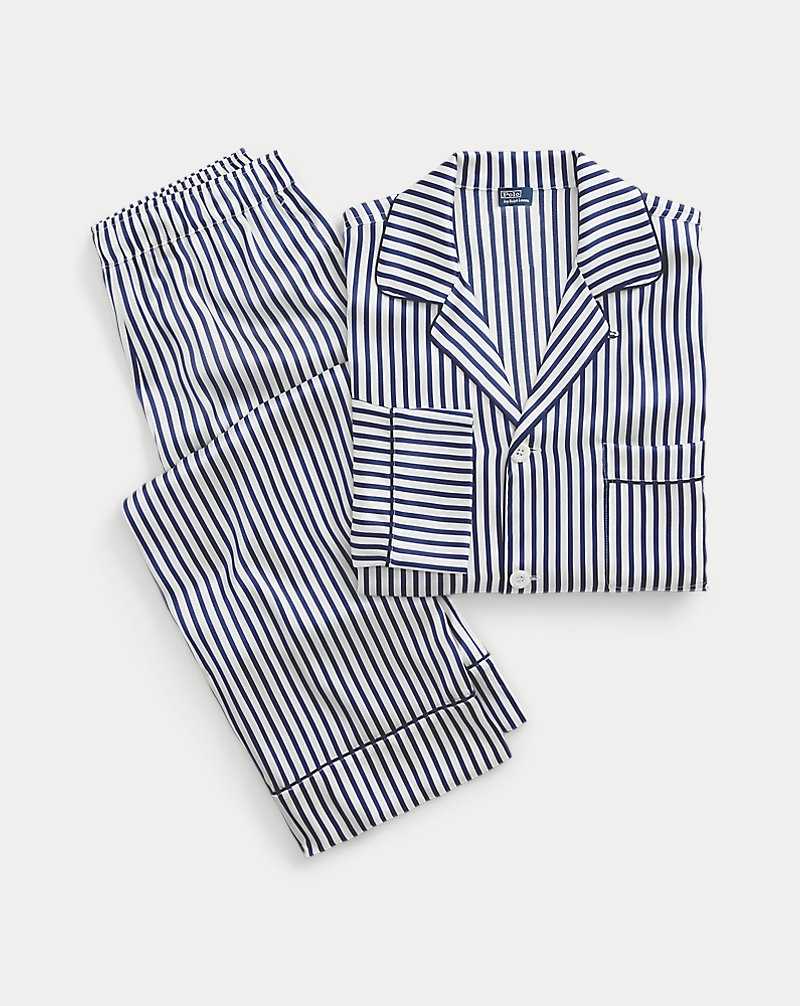 Ropa De Dormir Ralph Lauren Striped Stretch Silk Long-Sleeve PJ Set Mujer Azules | BZJFWOX-57 - vista 2