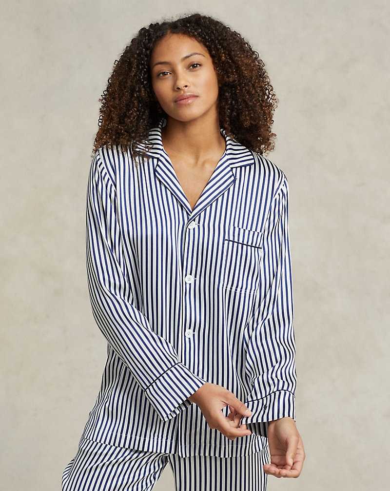 Ropa De Dormir Ralph Lauren Striped Stretch Silk Long-Sleeve PJ Set Mujer Azules | BZJFWOX-57 - vista 3