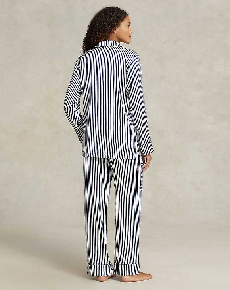 Ropa De Dormir Ralph Lauren Striped Stretch Silk Long-Sleeve PJ Set Mujer Azules | BZJFWOX-57 - vista 4