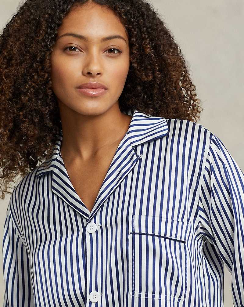Ropa De Dormir Ralph Lauren Striped Stretch Silk Long-Sleeve PJ Set Mujer Azules | BZJFWOX-57 - vista 5