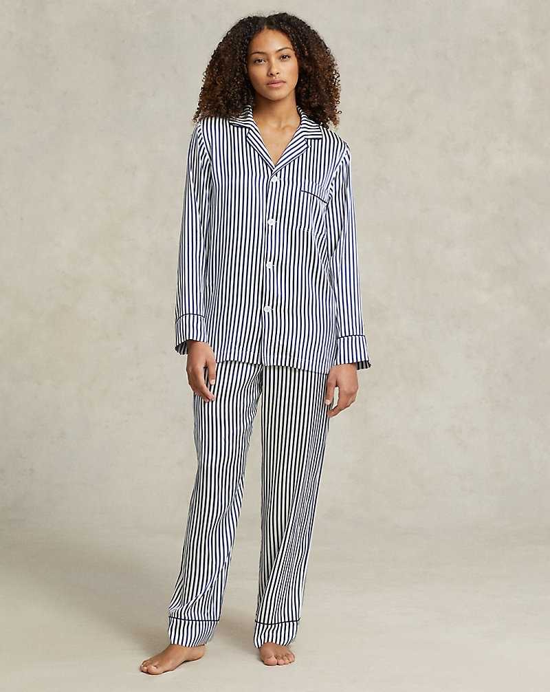 Ropa De Dormir Ralph Lauren Striped Stretch Silk Long-Sleeve PJ Set Mujer Azules | BZJFWOX-57 - vista 1