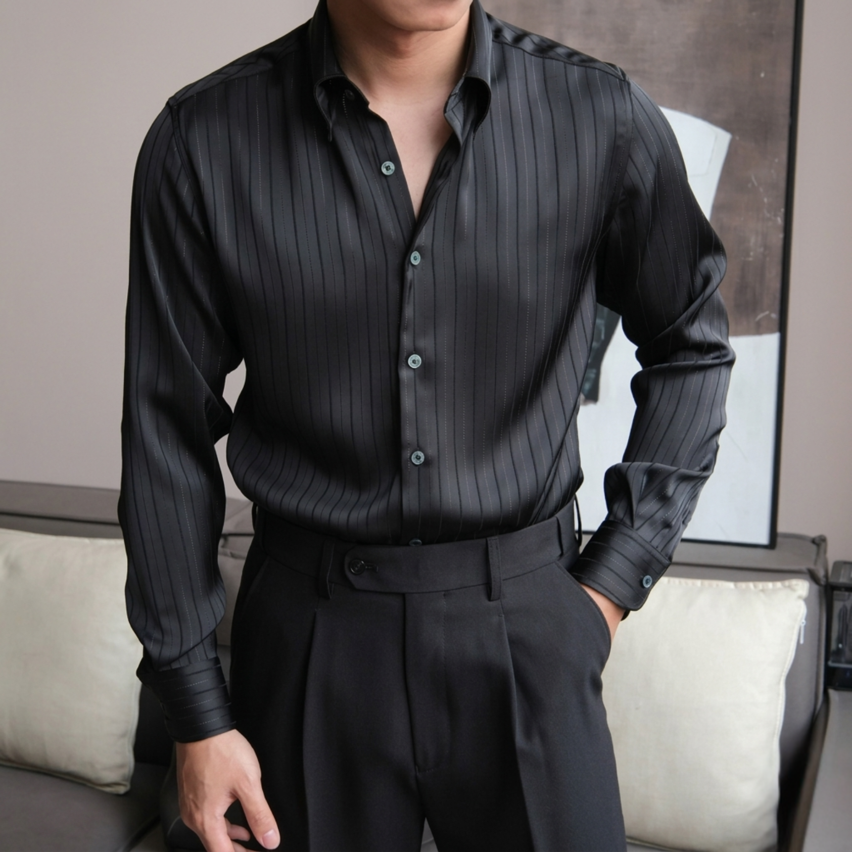 Camisa Lugano Metallic Silk a rayas Set