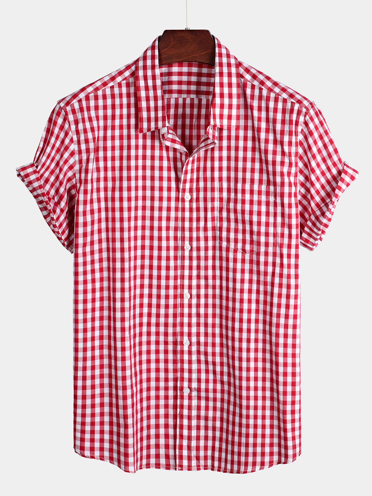 Camisa a cuadros de algodón casual de color sólido Pocket Summer Holiday Button Up de manga corta para hombre