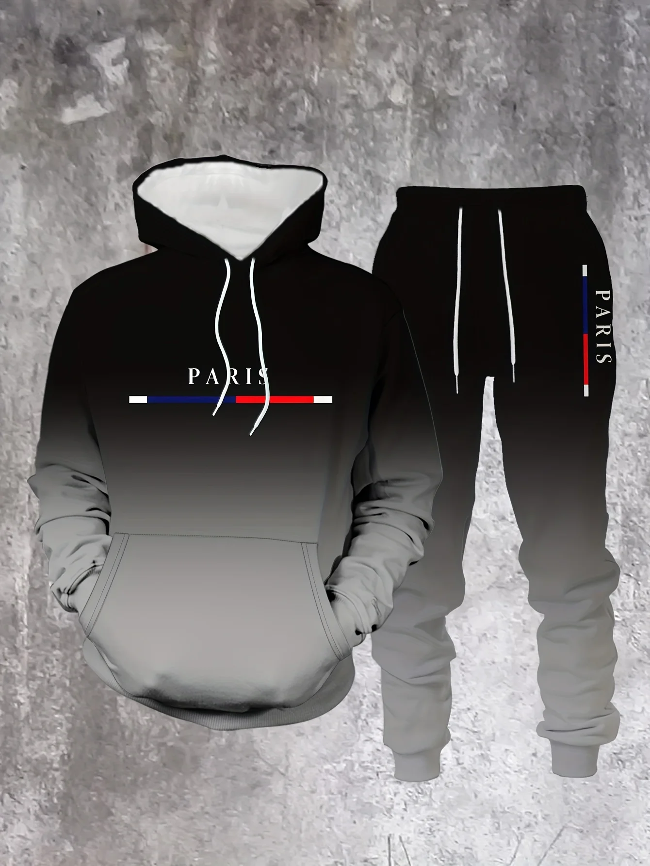 Sudadera con capucha Gradient Color Paris Tracksuit Outfit Street de moda 3D estampado Sport 2-Piece Autumn/Winter sudadera Sweatpantalón Set para hombre