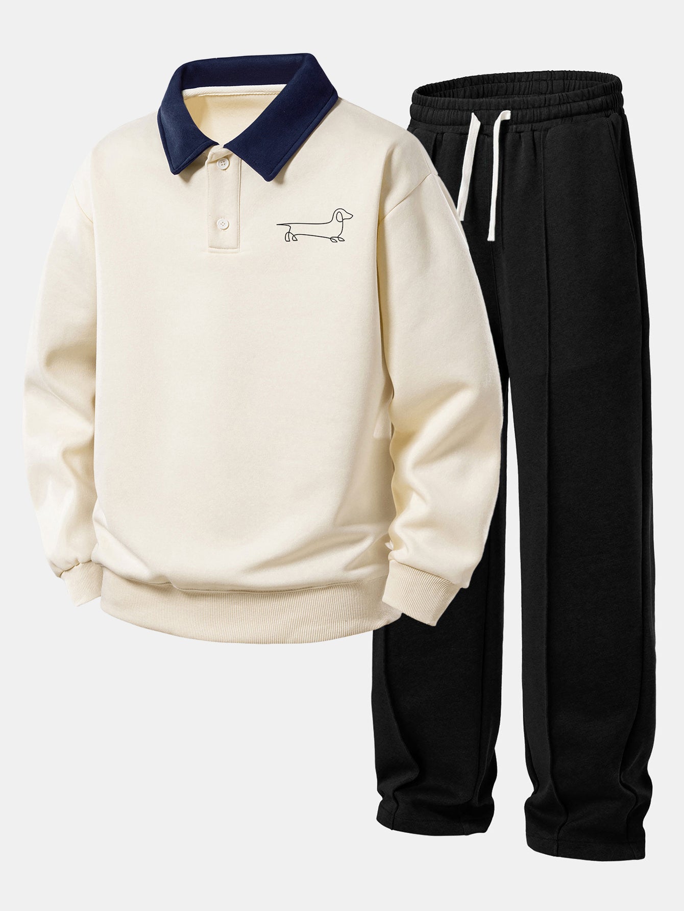 Sudadera Relax Fit Line Dachshund estampado Contrast Polo & Straight Leg Pleated Pintuck Sweatpantalón